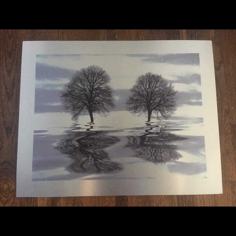 Silver/black metallic wall art, trees/reflection